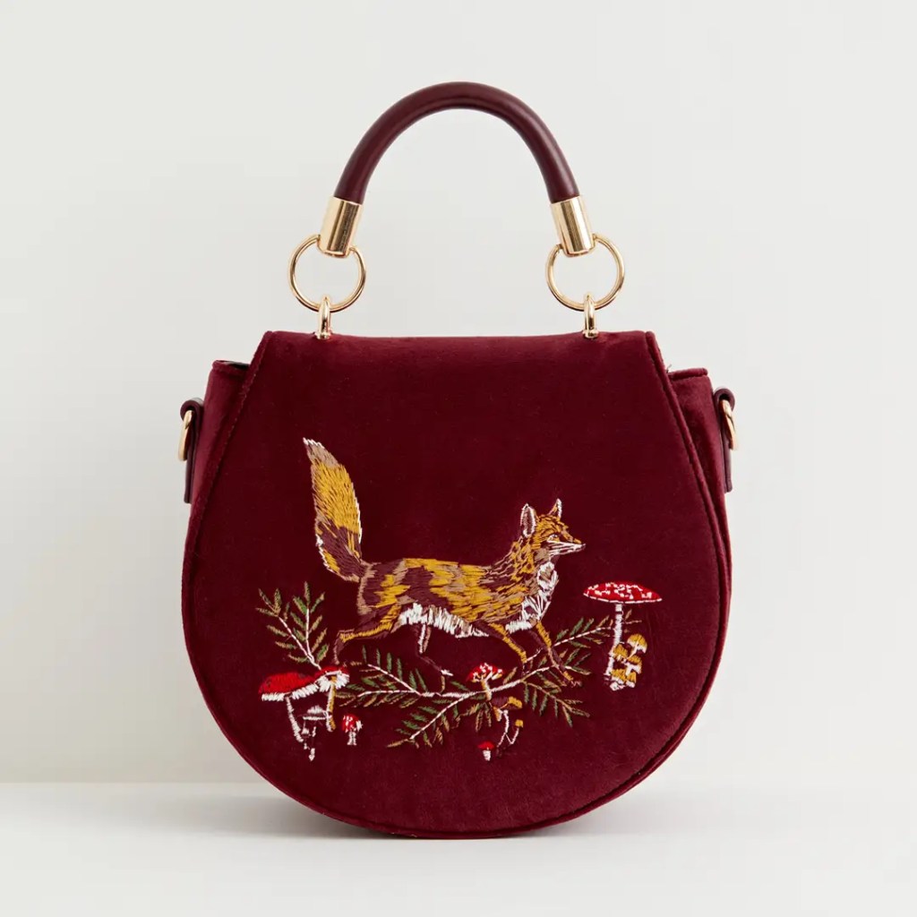 Sac besace velours brodé renard et champignon Fable England